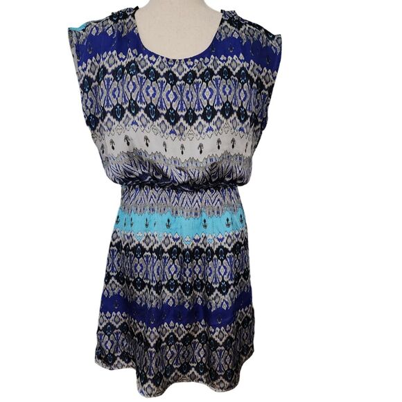 Forever 21 Bohemian Sleeveless Dress Elastic Waist Blue Print Size L Made in USA - Picture 1 of 10